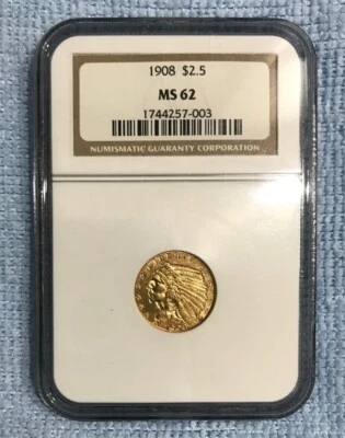 1908 $2.5 INDIAN HEAD GOLD QUARTER EAGLE NGC MS62 GEM BU BEAUTIFUL LUSTER!! - Image 1 of 4