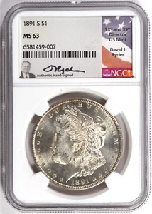 DAVID J. RYDER 1891 S MORGAN DOLLAR S$1 NGC MS 63 - Picture 1 of 2
