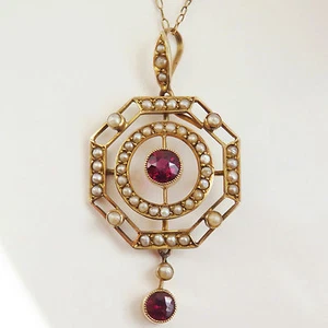 Feine antike Art Deco Halskette mit Anhänger 9 kt Gold rosa Turmalin & Perle um 1920 - Bild 1 von 7