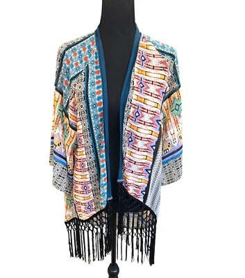 Quimono Flying Tomato multicolorido frente aberta com bainha franja boho casa tribal - Imagem 1 de 4