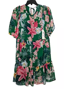 Eliza J Womens Floral Print Lined Dress Size 2 Ruffle Midi Short Sleeve $138 Nwt - Picture 1 of 7