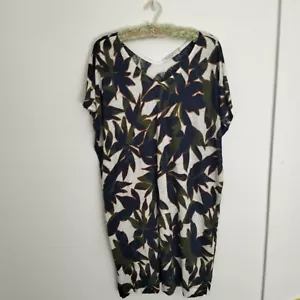 Sportscraft Size 10 Linen Dress Kaftan Leaf Print Batwing Sleeve V-Neck Comfort - Picture 1 of 6