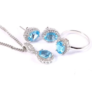 Natural Blue Topaz Ring Earrings Pendant Halo Jewelry Set 925 Sterling Silver  - Picture 1 of 8