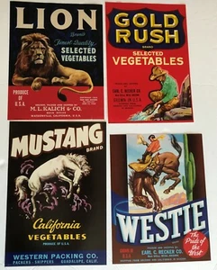 Fiebre del oro, león, mustang, westie, 4 etiquetas vegetales diferentes, original - Imagen 1 de 1