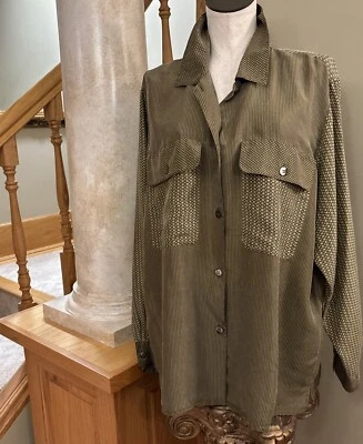 Vintage Carole Little 100% Silk Olive Green Long Sleeve Button Front Blouse Sz14 - Image 1 of 4