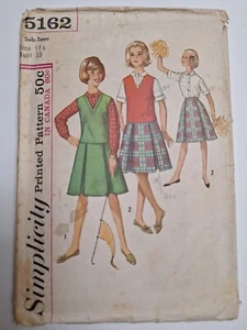 Skirt Blouse Vest Girls 14 Sub Teen Simplicity 5162 Sewing Pattern VTG Pleated - Picture 1 of 7