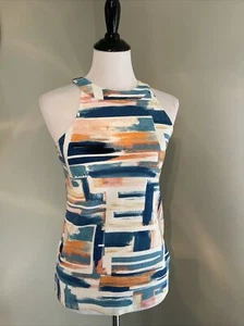 Deletta Womens Top Size S White Blue Printed Knit Tank Shirt Sleeveless Cotton - Picture 1 of 6