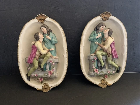 Romeo And Juliet Two Bisque Porcelain 3D Wall Hanging Plaques Hand Painted VTG Cover