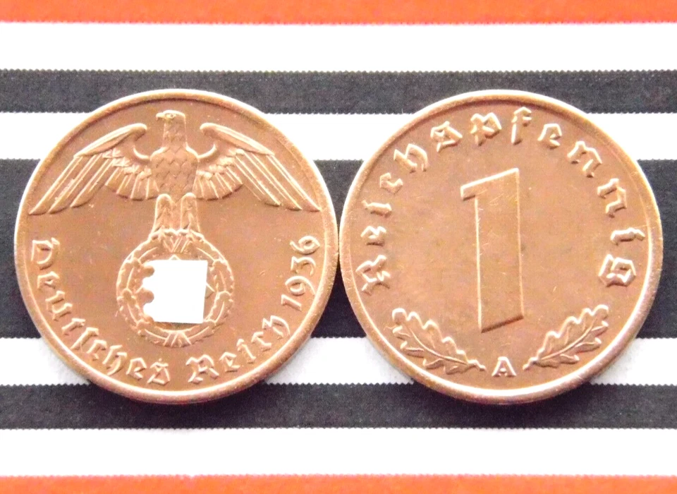 GERMAN 1 REICHSPFENNIG 1936 A SWASTIKA COPPER Coin 3RD WW2 +RARE UNC Rpf Pfennig - Image 1 of 3