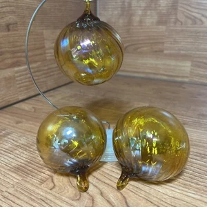 Set of 3 Deluxe Ornaments HandBlown Amber Stripe Look Glass Christmas Ornaments - Picture 1 of 10