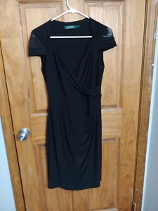 Lauren Ralph Lauren Dress Sz 6 Black Short Sleeve Faux Wrap Surplice Small - Picture 1 of 7