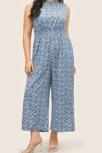 NWT Jumper Size 14-16 1X Blue w Flowers Pockets Jumpsuit Zip Bloomchic Wide-Leg - Picture 1 of 10