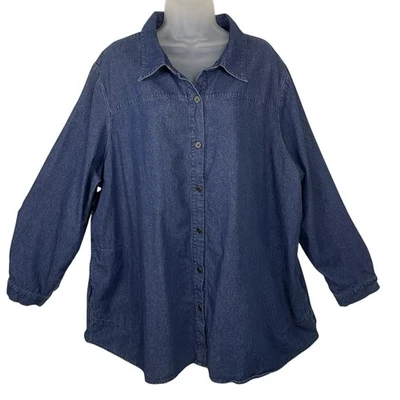 Camisa para mujer Joan Rivers azul denim manga larga abotonada con bolsillos laterales 3X Foto 1 de 4