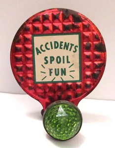VINTAGE BICYCLE LICENSE PLATE TOPPER ACCIDENTS SPOIL FUN *NICE GREEN GLASS JEWEL - Picture 1 of 2