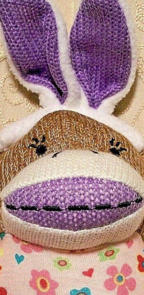 Dan Dee Sock Monkey With Purple Bunny Ears Doll Plush Easter Decor 13 Inch