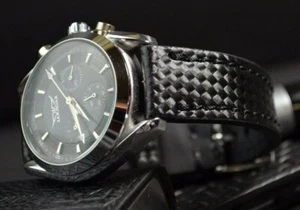CORREA RELOJ 18 20 22 MM NEGRO GENUINO CUERO SIMIL FIBRA CARBONO MA STRAP ROLEX - Picture 1 of 12