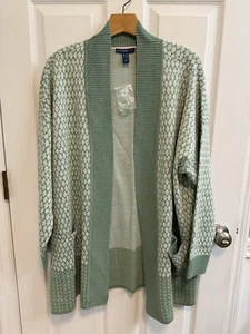 Isaac Mizrahi 1X Green Open Cardigan Dropped Shoulder Ribbed Shawl Collar New - Picture 1 of 11