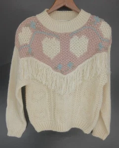 Vintage Alison Britney Fringe  Heart Sweater Size L Coquette Boho - Picture 1 of 12