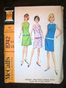 McCalls Vintage 60s Sewing Pattern 8742 2 Piece MOD Dress Low Hip Belt 10 UNCUT - Picture 1 of 2