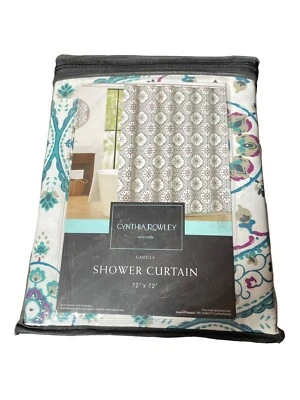 Cortina de ducha Cynthia Rowley púrpura, verde azulado y topo en crema nueva Foto 1 de 4