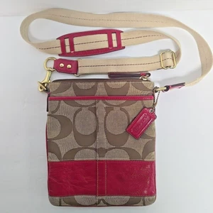 Coach Signature Jacquard Khaki Magenta Rosa Leder Schultertasche C0849-41644 Vintage - Bild 1 von 15