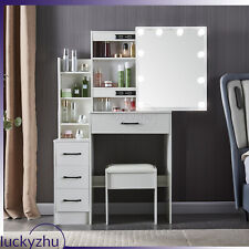 White Bedroom Vanity Dressing Desk Makeup Table Stool Set w/ LED Lighted Mirror