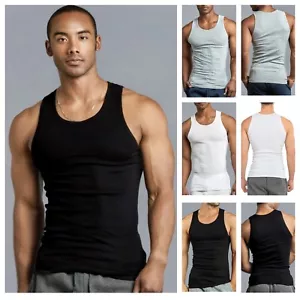 Lotto da 3 e 6 CONFEZIONE T-shirt Tank Top Uomo Cotone A-shirt Moglie Beater Palestra a Costole S-3X - Foto 1 di 9