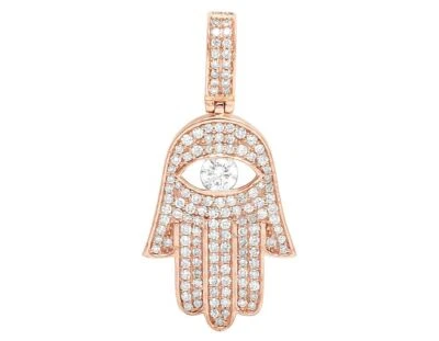 Colgante solitario de mano Hamsa de diamantes genuinos de oro rosa de 10 quilates mal de ojo 7/10 quilates 1,2" Foto 1 de 4