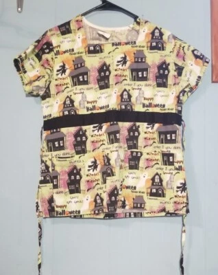 Surgery Medical Uniform Green Halloween Ghosts Nursing Scrubs Top Size XXS - Image 1 of 4