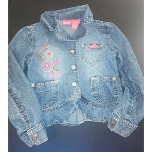 Barbie Denim Jean Jacket Embroidered Flowers Pockets Button Up Girls Size 6 - Picture 1 of 6