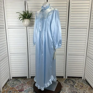 New Vintage Nicole Baby Blue Satin Nightgown Flannel Lined Pintuck Ruffle Size M - Picture 1 of 10