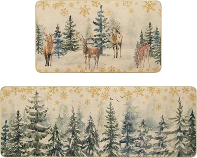 Juego de 2 alfombras de cocina de Navidad - Alfombrillas de vacaciones para árboles, ciervos y copos de nieve Foto 1 de 4
