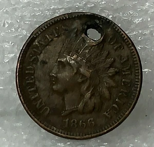 Moneda de 1 centavo de Estados Unidos de 1866 cabeza india perforada  - Imagen 1 de 3
