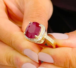 14K YELLOW GOLD 5.50CT CUSHION CUT RUBY AND ROUND CUT DIAMOND BRIDAL RING HALO - Picture 1 of 11