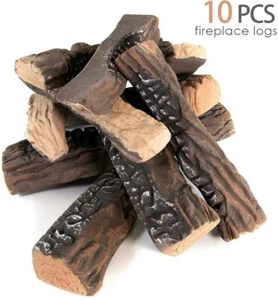 10 Piece Gas Fireplace Logs, Ceramic Wood Gas Fireplace Log Set New - Picture 1 of 8
