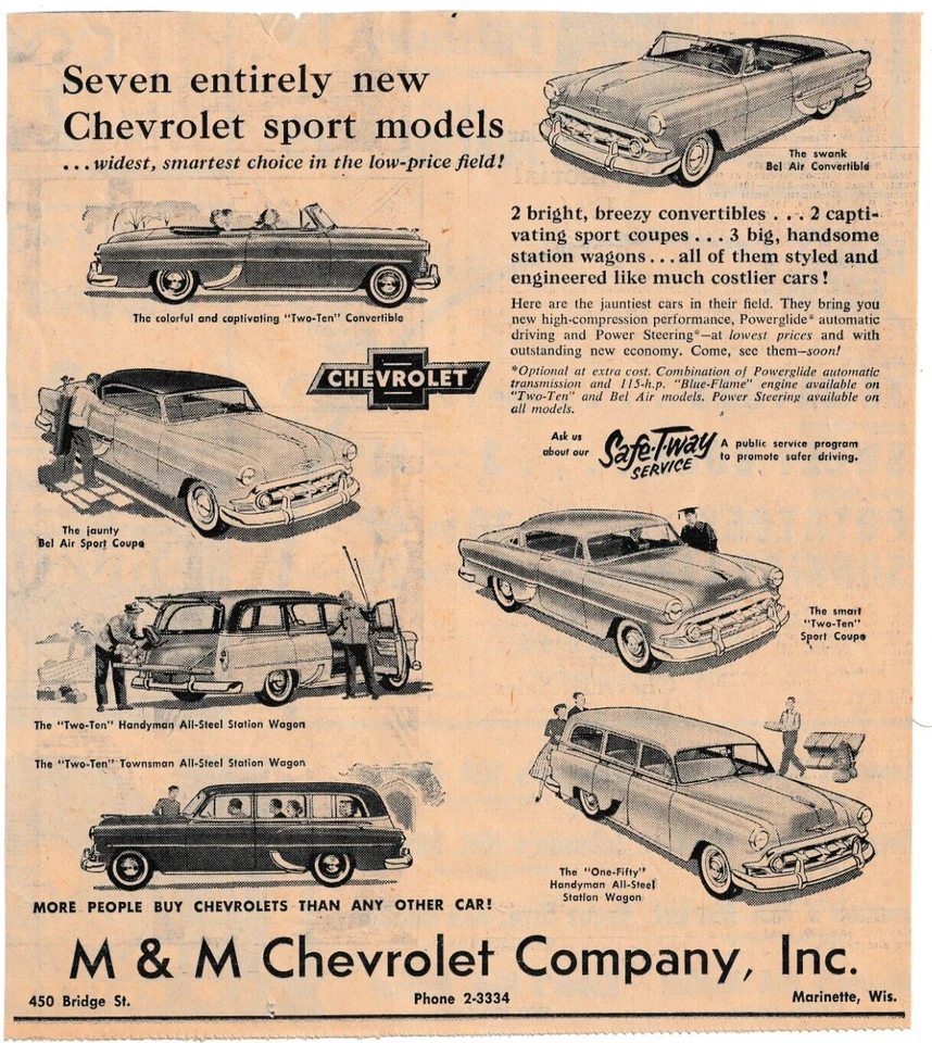 M & M CHEVROLET CO. SEVEN ENTIRELY NEW SPORT MODELS Marinette 1953 print ad * - Image 1 of 1