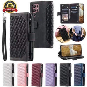 Zipper Grid Leather Flip Card Wallet Phone Case For Samsung S22 S21 S20 FE S9 S8 - Picture 1 of 15