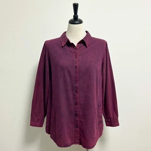 Tunica Joan Rivers rosa prugna blu vintage denim lavato con bottoni nuova con etichetta Large Petite - Foto 1 di 11