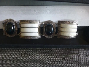 VINTAGE 50'S MEXICO STERLING BLACK/WHITE CHUNKY ONYX 15/8" WIDE BRACELET 6 3/4"  - Picture 1 of 3