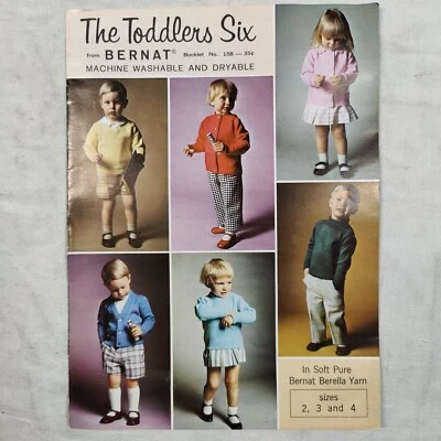 Rare 1960 Bernat Six Toddlers Sweaters Yarn Knitting Crochet Pattern Book # 158 - Image 1 of 4