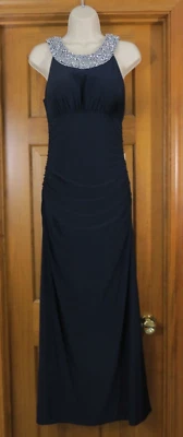 Cachet Navy Knit Formal Prom MOB Sleeveless Silver Beaded Stretch Ruching Sz 10 - Image 1 of 4