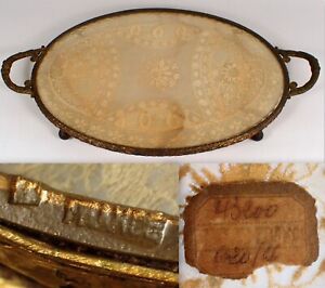 RARE Antique French Gold Gilt Bronze Framed Lace Glass Vanity Tray w Handles