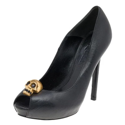 Alexander McQueen Black Leather Crystal Embellished Skull Peep Toe Pumps Size 35 - Image 1 of 4