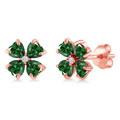 3.23 Ct Heart Shape Green Nano Emerald 18K Rose Gold Plated Silver Earrings - Image 1 of 3