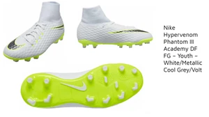 Nike JR Phantom 3 Academy DF FG Cleats White Metallic Cool Grey Volt AH7287 107 - Picture 1 of 5