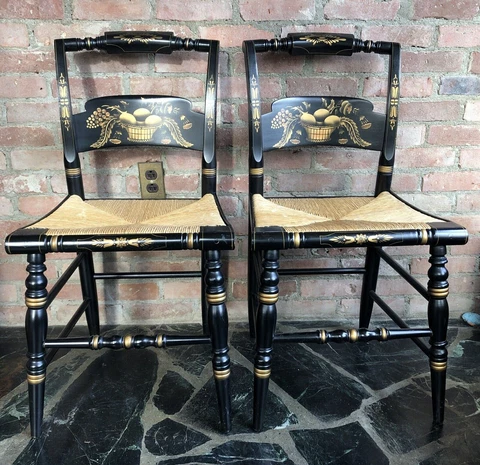 L.Hitchcock~2SIGNED BLACK STENCILED CROWN BACK RUSH SEAT SIDE CHAIRS-Undamaged-a Cover