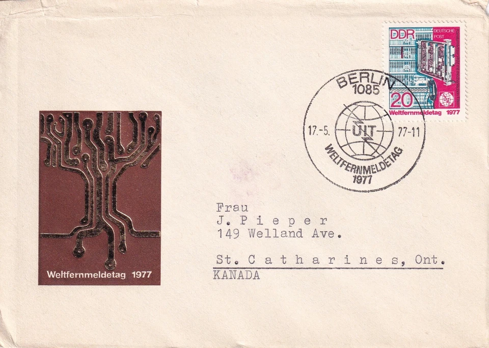 GERMANY DDR 1977 FIRST DAY COVER, VKM CHANNEL CONVERTER, FILTER AND ITU - Image 1 of 1