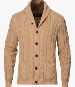 $298 Polo Ralph Lauren Men’s Cotton-Cashmere Cable Knit Cardigan Sweater Brown S - Picture 1 of 5