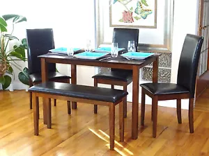 5 PC Dining Kitchen Set Rectangular Table 3 Fallabella Chairs Bench Medium Brown - Picture 1 of 12