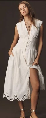 Anthropologie The Tommie Cap-Sleeve Front-Zip Shirt Dress Eyelet White L NWT - Image 1 of 3